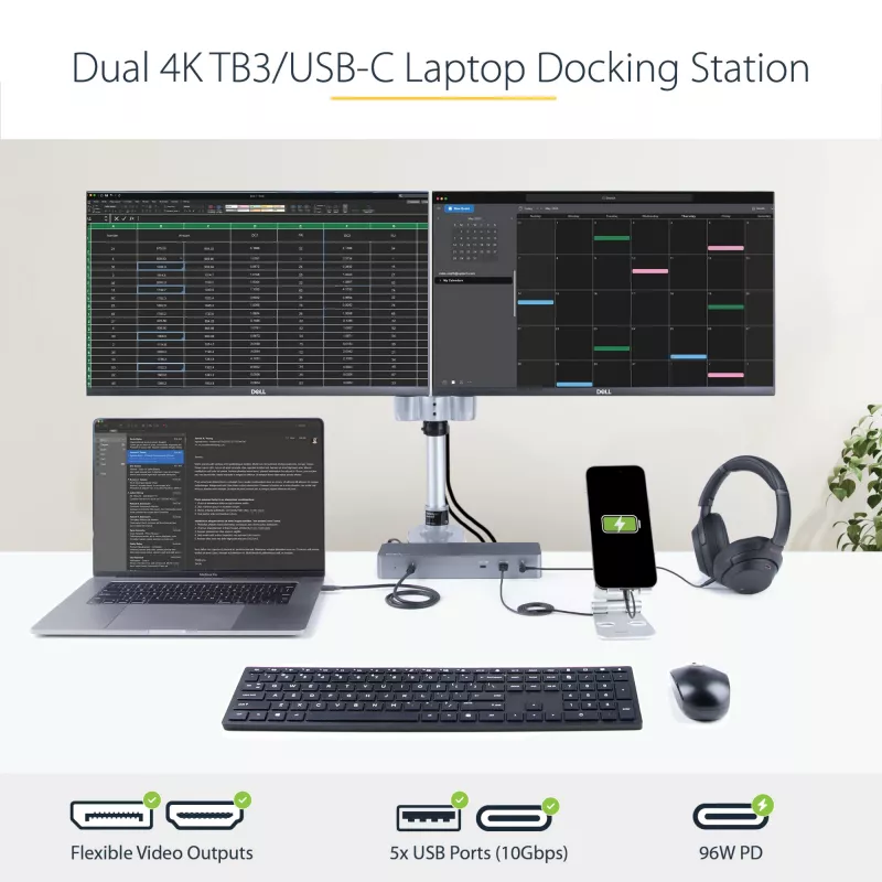 StarTech.com Estación de acoplamiento USB C para Macbook Pro/Air-M1/M2/M3/M4, compatible con Thunderbolt, HDMI/DisplayPort, Dual 4K 60Hz/Único 8K, Dock para portátil USB Type-C, Power Delivery 96W, USB 10Gbps