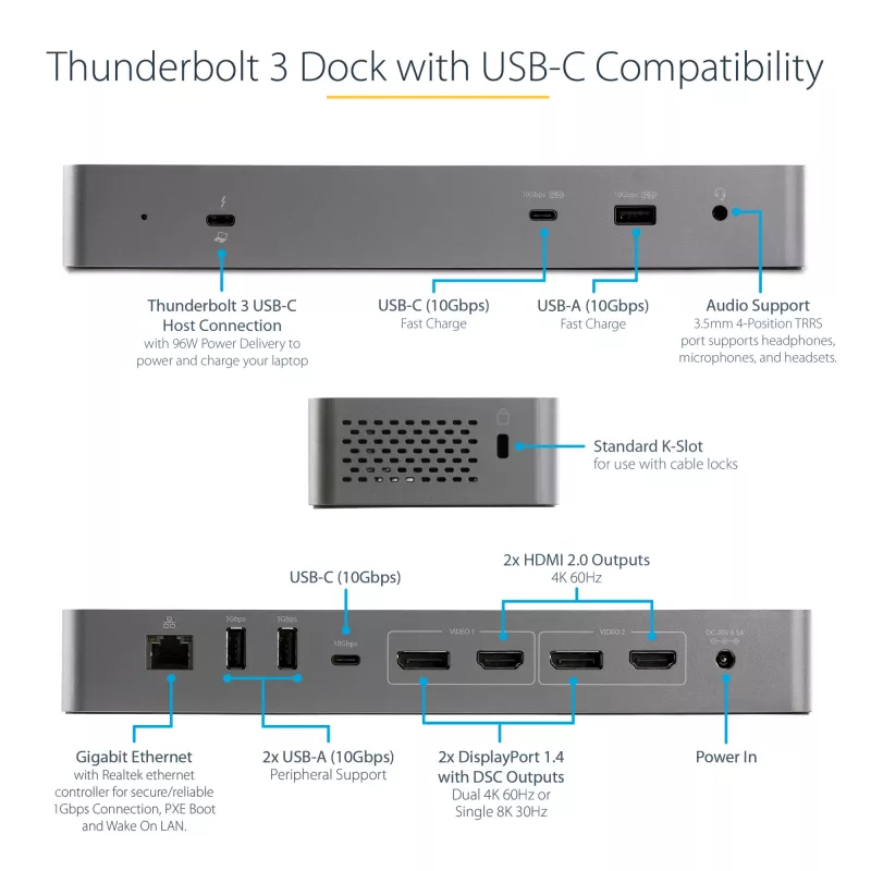 StarTech.com Estación de acoplamiento USB C para Macbook Pro/Air-M1/M2/M3/M4, compatible con Thunderbolt, HDMI/DisplayPort, Dual 4K 60Hz/Único 8K, Dock para portátil USB Type-C, Power Delivery 96W, USB 10Gbps