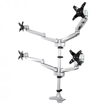 StarTech.com Brazo de monitor cuádruple para montaje en escritorio – Soporte de 4 monitores articulado premium 2x2 de hasta 30 pulgadas – Montaje en mástil ergonómico ajustable en altura – inclinar/orientar/rotar – Abrazadera en C/pasacables de mesa – Plata