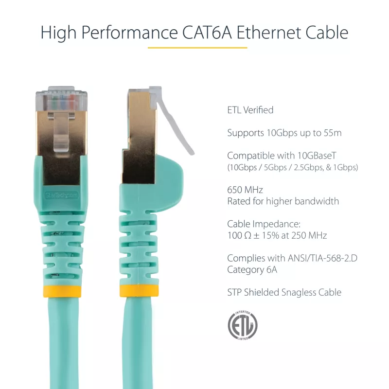 StarTech.com Cable Ethernet CAT6a de 5m – 10 Gigabit blindado con protección de pestaña RJ45 100W PoE cable patch – Cable de red 10GbE STP con alivio de tensión – Aqua probado individualmente/cableado certificado UL/TIA