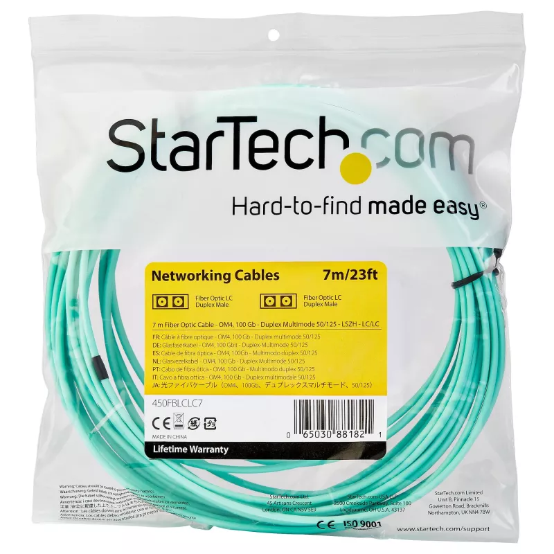 StarTech.com Cable de fibra óptica multimodo LC/UPC a LC/UPC OM4 de 7 m (22 ft), fibra zipcord LOMMF/VCSEL 50/125 µm, 100G, baja pérdida de inserción – Cable jumper de fibra óptica LSZH
