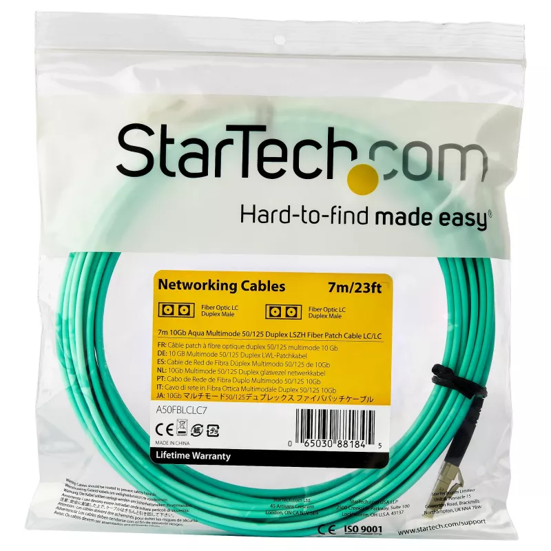 StarTech.com Cable de fibra óptica multimodo LC/UPC a LC/UPC OM3 de 7 m (22 ft), cable de fibra zipcord full duplex 50/125 µm, 100G, baja pérdida de inserción, cable jumper de fibra óptica LSZH
