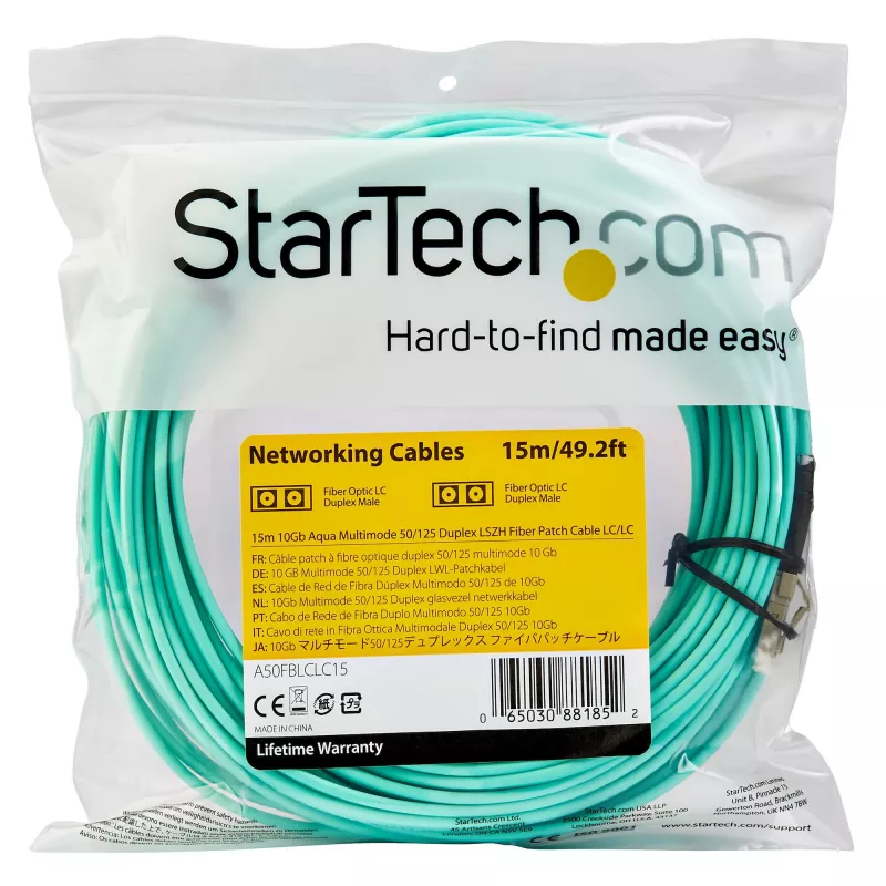 StarTech.com Cable de fibra óptica multimodo LC/UPC a LC/UPC OM3 de 15 m (50 ft), full duplex, cable de fibra zipcord 50/125 µm, 100G, baja pérdida de inserción, cable jumper de fibra LSZH