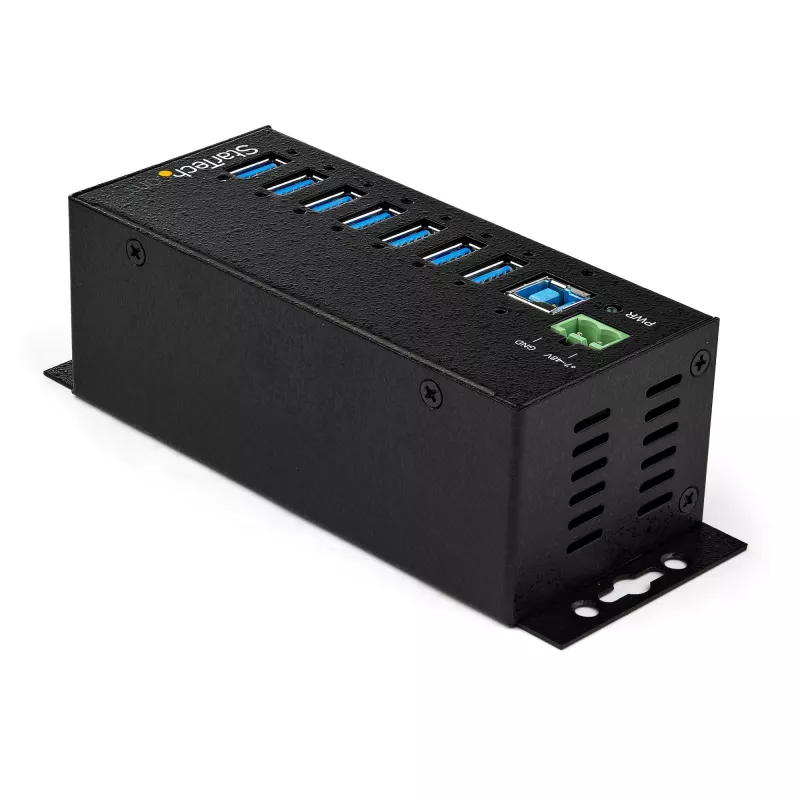 StarTech.com Hub USB 3.0 de 7 puertos con fuente de alimentación – Hub USB-A industrial de metal con protección ESD y contra sobretensión de 350 W – Montaje en DIN/pared/mesa – Hub USB 3.2 Gen 1 (5 Gbit/s) de alta velocidad – TAA