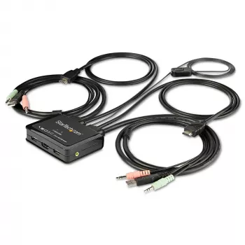 StarTech.com Conmutador KVM HDMI de 2 puertos - 4K 60Hz - Conmutador KVM USB de sobremesa UHD/Ultra HD compacto de dos puertos con cables integrados de 1,2 m y audio - Alimentado por bus y conmutación remota - MacBook ThinkPad