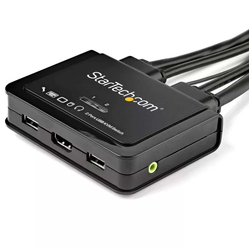 StarTech.com Conmutador KVM HDMI de 2 puertos - 4K 60Hz - Conmutador KVM USB de sobremesa UHD/Ultra HD compacto de dos puertos con cables integrados de 1,2 m y audio - Alimentado por bus y conmutación remota - MacBook ThinkPad
