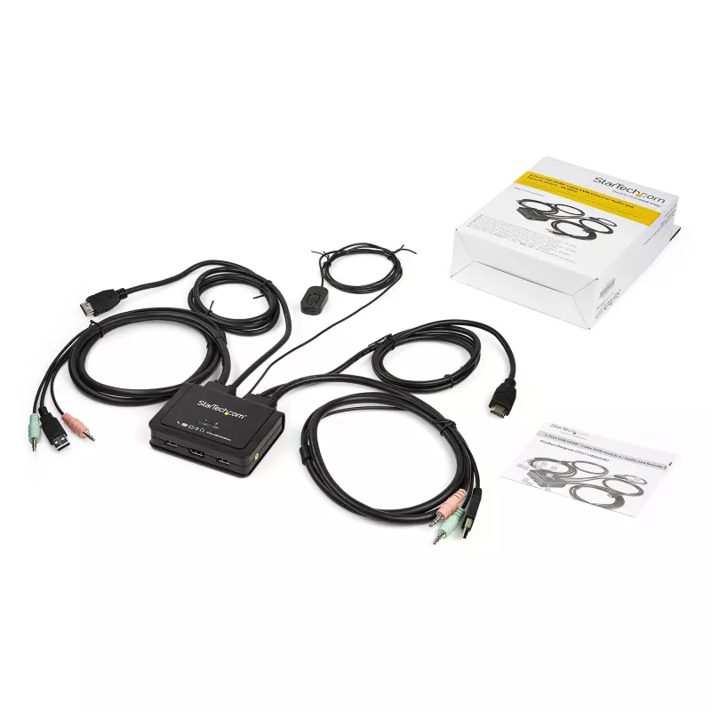 StarTech.com Conmutador KVM HDMI de 2 puertos - 4K 60Hz - Conmutador KVM USB de sobremesa UHD/Ultra HD compacto de dos puertos con cables integrados de 1,2 m y audio - Alimentado por bus y conmutación remota - MacBook ThinkPad