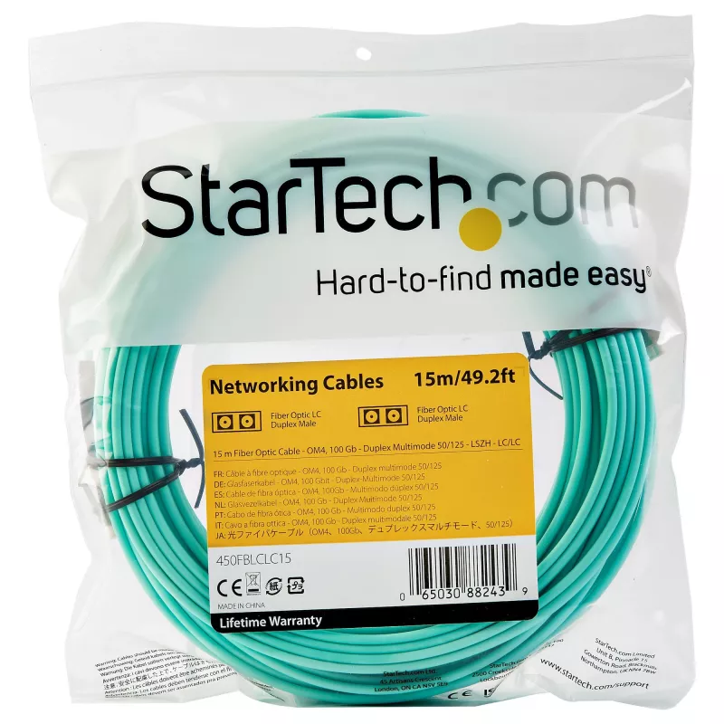 StarTech.com Cable de fibra óptica multimodo LC/UPC a LC/UPC OM4 de 15 m, fibra zipcord LOMMF/VCSEL 50/125 µm, 100G, baja pérdida de inserción – Cable jumper de fibra óptica LSZH
