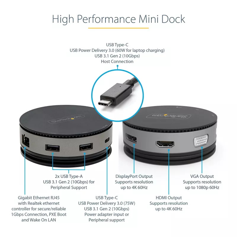 StarTech.com Adaptador multipuerto USB-C - Mini dock USB 3.1 Gen 2 10 Gbit/s Type-C con HDMI/DisplayPort 4K 60Hz o VGA 1080p - PD pass-through de 75 W, hub USB de 3 puertos, GbE - Docking station móvil
