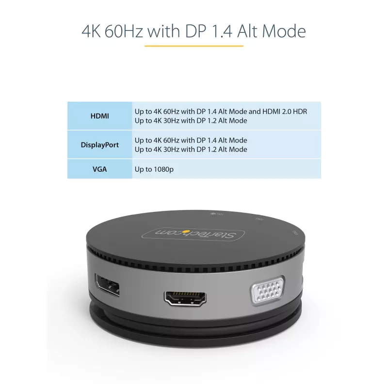 StarTech.com Adaptador multipuerto USB-C - Mini dock USB 3.1 Gen 2 10 Gbit/s Type-C con HDMI/DisplayPort 4K 60Hz o VGA 1080p - PD pass-through de 75 W, hub USB de 3 puertos, GbE - Docking station móvil