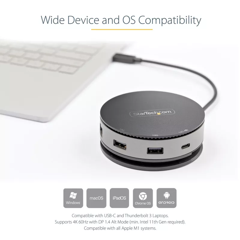 StarTech.com Adaptador multipuerto USB-C - Mini dock USB 3.1 Gen 2 10 Gbit/s Type-C con HDMI/DisplayPort 4K 60Hz o VGA 1080p - PD pass-through de 75 W, hub USB de 3 puertos, GbE - Docking station móvil