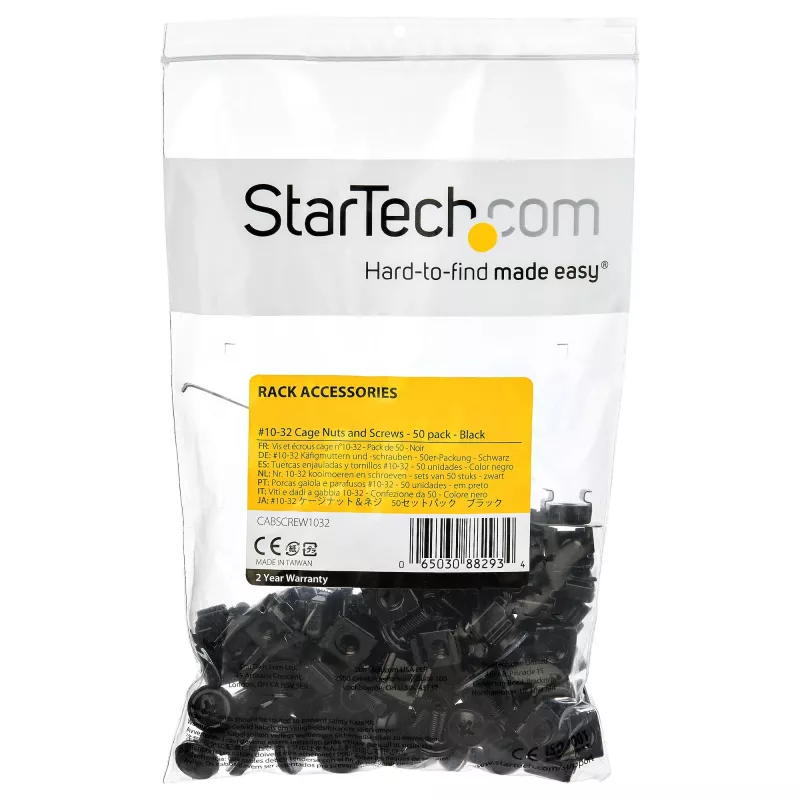 StarTech.com Pack de 50 tuercas de jaula y tornillos con arandelas para rack de servidor 10-32 – Kit de hardware de montaje en rack – Tuercas de clip/jaula y tornillos para agujeros cuadrados – Negro – TAA