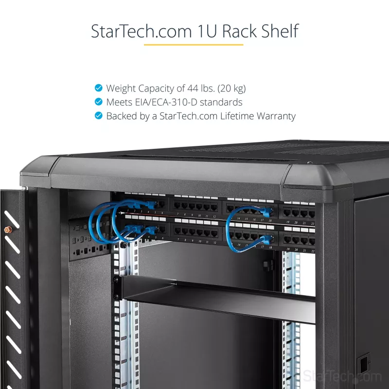StarTech.com Estante para rack de servidor 1U - Estante de montaje en rack universal con brazo en voladizo para rack y armario de red de 19 pulgadas - Acero de alta resistencia – Capacidad de carga 20 kg - Bandeja de 16 pulgadas de profundidad, negro