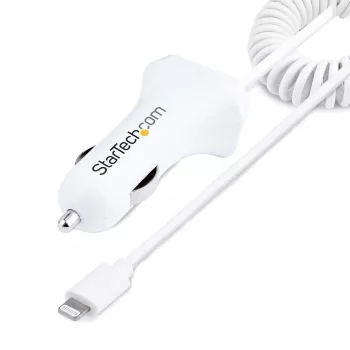 StarTech.com Cargador de coche Lightning con cable en espiral, cable en espiral Lightning de 1 m, 12 W, blanco, adaptador de carga de coche USB de 2 puertos para teléfonos y tablets, cargador de coche USB dual para iPhone