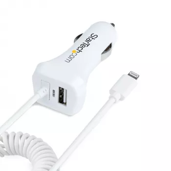 StarTech.com Cargador de coche Lightning con cable en espiral, cable en espiral Lightning de 1 m, 12 W, blanco, adaptador de carga de coche USB de 2 puertos para teléfonos y tablets, cargador de coche USB dual para iPhone