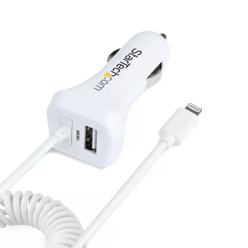 StarTech.com Cargador de coche Lightning con cable en espiral, cable en espiral Lightning de 1 m, 12 W, blanco, adaptador de carga de coche USB de 2 puertos para teléfonos y tablets, cargador de coche USB dual para iPhone