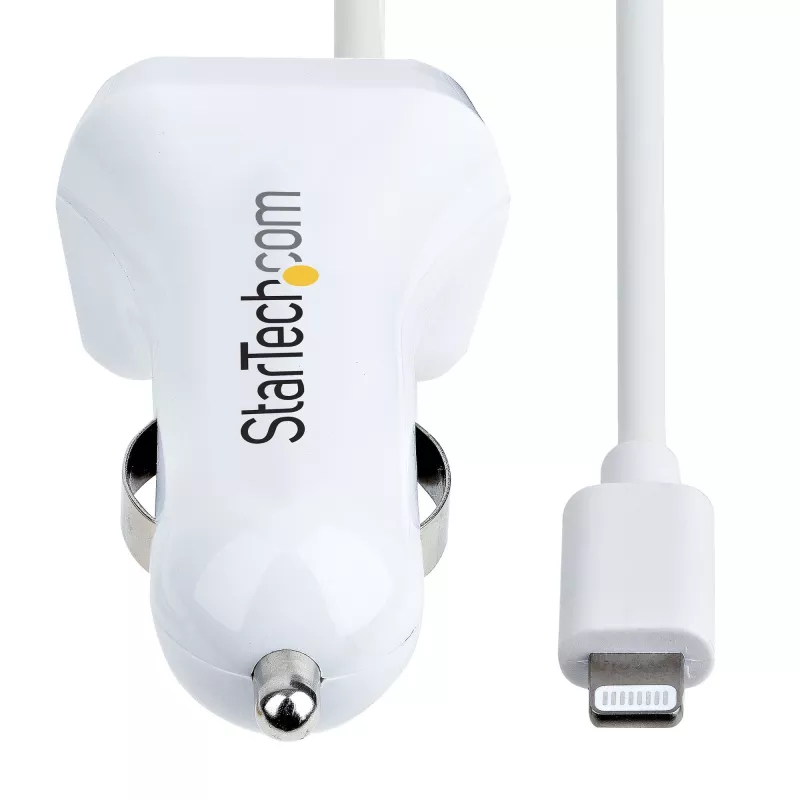 StarTech.com Cargador de coche Lightning con cable en espiral, cable en espiral Lightning de 1 m, 12 W, blanco, adaptador de carga de coche USB de 2 puertos para teléfonos y tablets, cargador de coche USB dual para iPhone