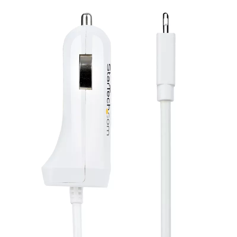 StarTech.com Cargador de coche Lightning con cable en espiral, cable en espiral Lightning de 1 m, 12 W, blanco, adaptador de carga de coche USB de 2 puertos para teléfonos y tablets, cargador de coche USB dual para iPhone