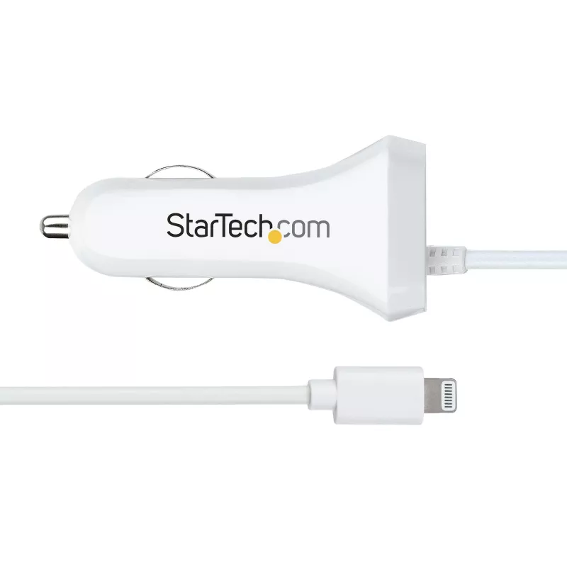 StarTech.com Cargador de coche Lightning con cable en espiral, cable en espiral Lightning de 1 m, 12 W, blanco, adaptador de carga de coche USB de 2 puertos para teléfonos y tablets, cargador de coche USB dual para iPhone