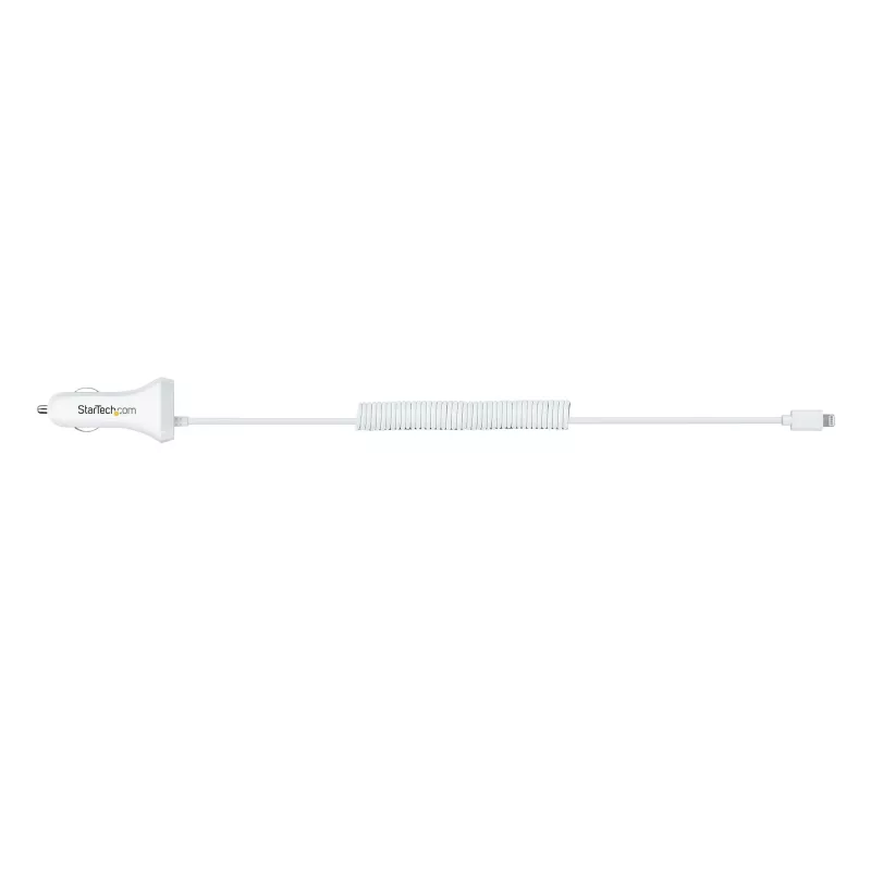 StarTech.com Cargador de coche Lightning con cable en espiral, cable en espiral Lightning de 1 m, 12 W, blanco, adaptador de carga de coche USB de 2 puertos para teléfonos y tablets, cargador de coche USB dual para iPhone