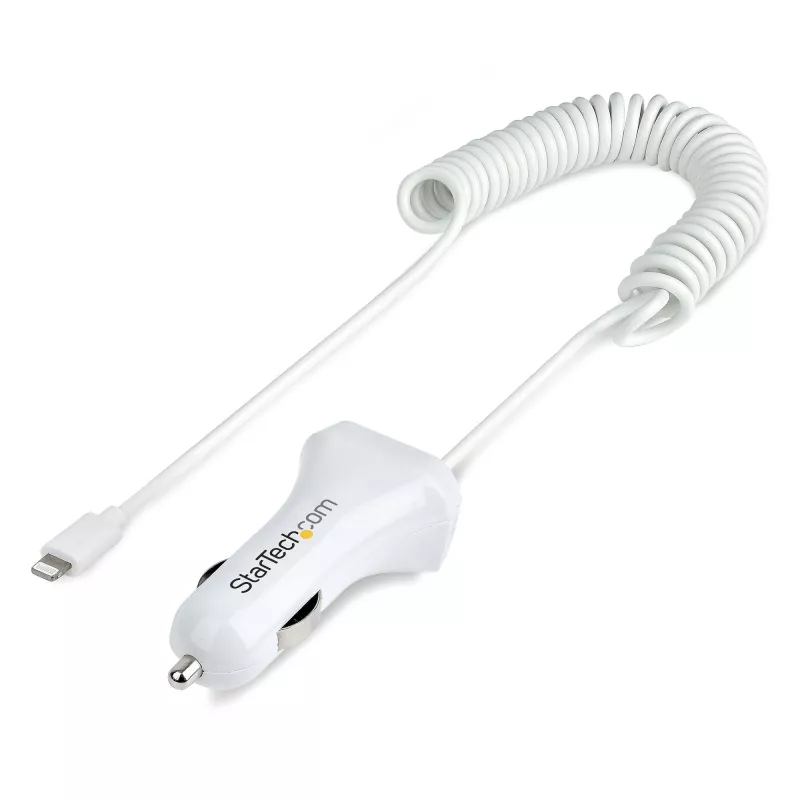 StarTech.com Cargador de coche Lightning con cable en espiral, cable en espiral Lightning de 1 m, 12 W, blanco, adaptador de carga de coche USB de 2 puertos para teléfonos y tablets, cargador de coche USB dual para iPhone