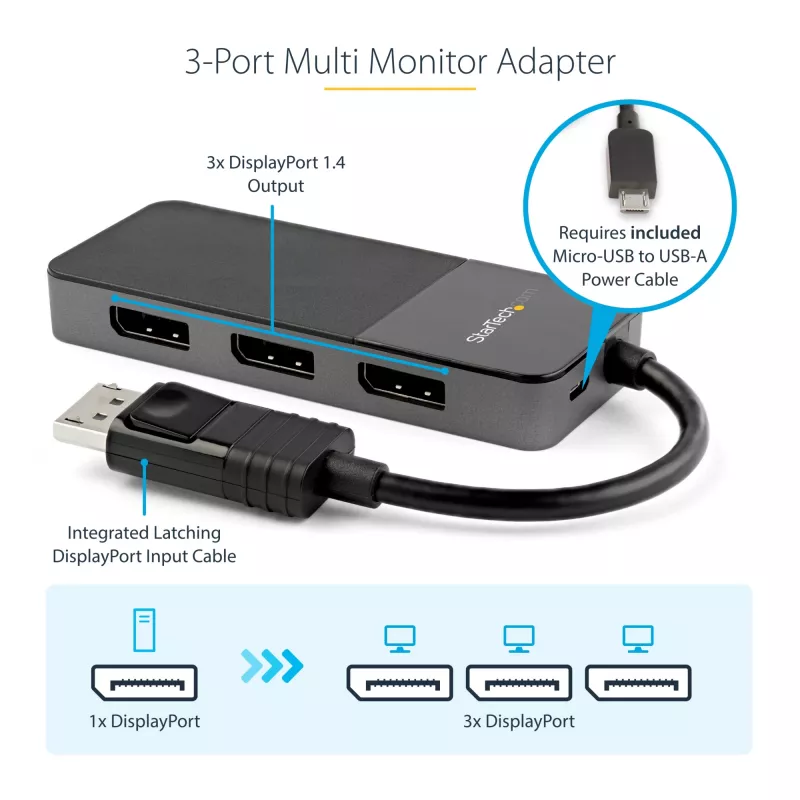 StarTech.com Adaptador multipantalla de 3 puertos – Splitter de vídeo DisplayPort 1.4 a 3x DisplayPort 4K – Doble o triple 4K – Hub MST DisplayPort para portátil/sobremesa para varios monitores – Solo para PCs con Windows