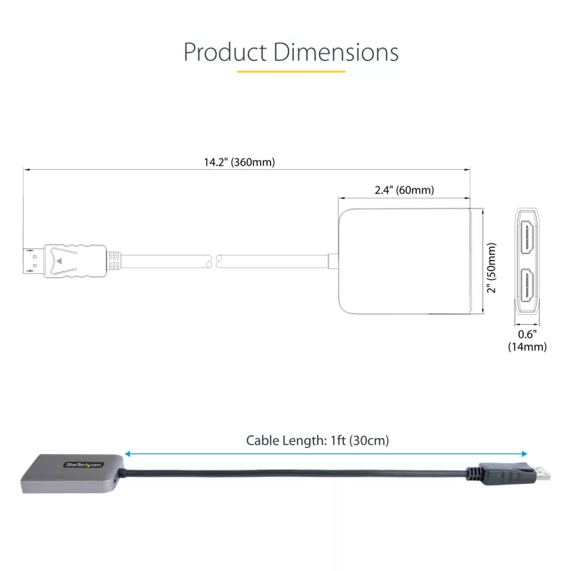 StarTech.com Hub DP a Dual HDMI MST - Dual HDMI 4K 60Hz - Adaptador DisplayPort multipantalla con cable de 30 cm - Hub Multi Stream Transport DP 1.4, DSC | HBR3 - Splitter DP a HDMI