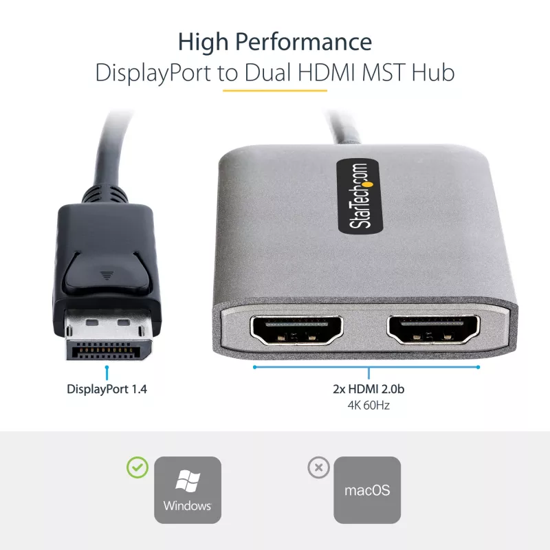 StarTech.com Hub DP a Dual HDMI MST - Dual HDMI 4K 60Hz - Adaptador DisplayPort multipantalla con cable de 30 cm - Hub Multi Stream Transport DP 1.4, DSC | HBR3 - Splitter DP a HDMI