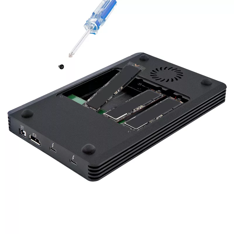 StarTech.com Carcasa Thunderbolt 3 NVMe de 4 bahías, Para unidades SSD M.2 NVMe, 1x DisplayPort Vídeo/ 2x Puertos TB3 Downstream, 40 Gbit/s, Fuente de alimentación de 72W, Carcasa externa para disco duro