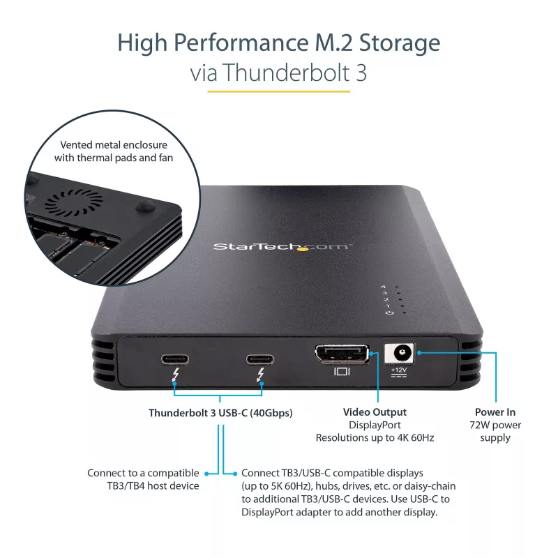 StarTech.com Carcasa Thunderbolt 3 NVMe de 4 bahías, Para unidades SSD M.2 NVMe, 1x DisplayPort Vídeo/ 2x Puertos TB3 Downstream, 40 Gbit/s, Fuente de alimentación de 72W, Carcasa externa para disco duro