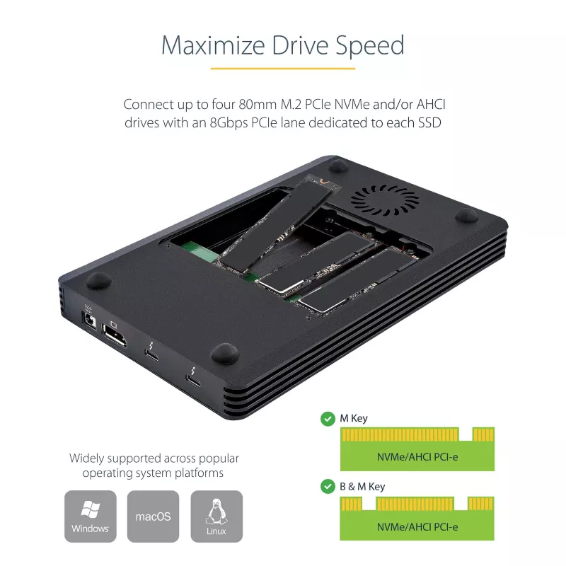 StarTech.com Carcasa Thunderbolt 3 NVMe de 4 bahías, Para unidades SSD M.2 NVMe, 1x DisplayPort Vídeo/ 2x Puertos TB3 Downstream, 40 Gbit/s, Fuente de alimentación de 72W, Carcasa externa para disco duro