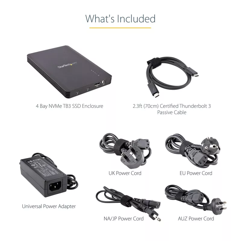 StarTech.com Carcasa Thunderbolt 3 NVMe de 4 bahías, Para unidades SSD M.2 NVMe, 1x DisplayPort Vídeo/ 2x Puertos TB3 Downstream, 40 Gbit/s, Fuente de alimentación de 72W, Carcasa externa para disco duro