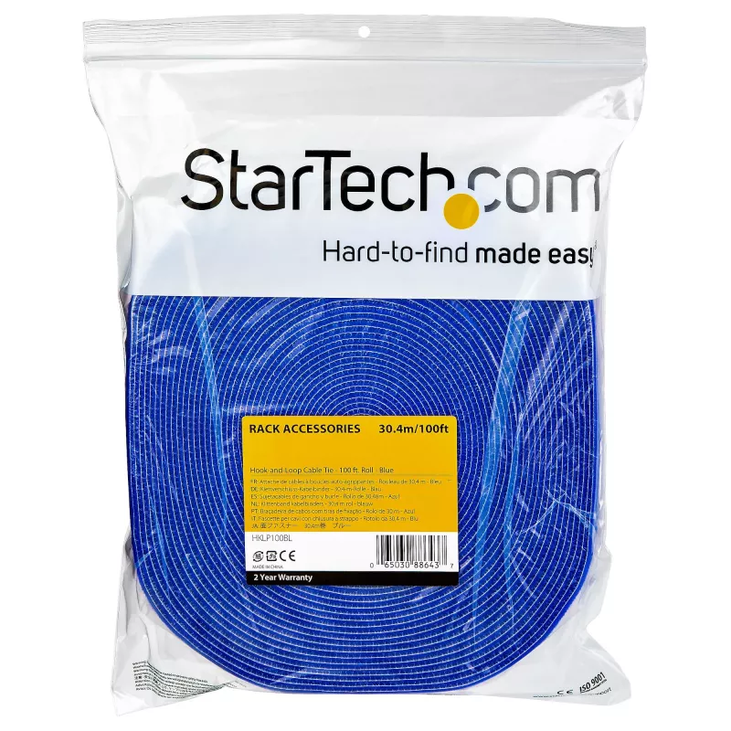 StarTech.com Rollo de cinta de velcro de 30,5 m – bridas recortables reutilizables – cinta de velcro industrial para fijación de cables / fundas de tela ajustables, azul / bandas de gestión de cables autoadhesivas reutilizables
