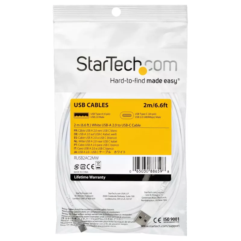 StarTech.com Cable de carga USB-A a USB-C de 2 m – Cable de datos USB 2.0 a USB Type-C resistente de carga rápida y sincronización – Funda TPE duradera fibra de aramida M/M 3A Blanco – Samsung S10, iPad Pro, Pixel