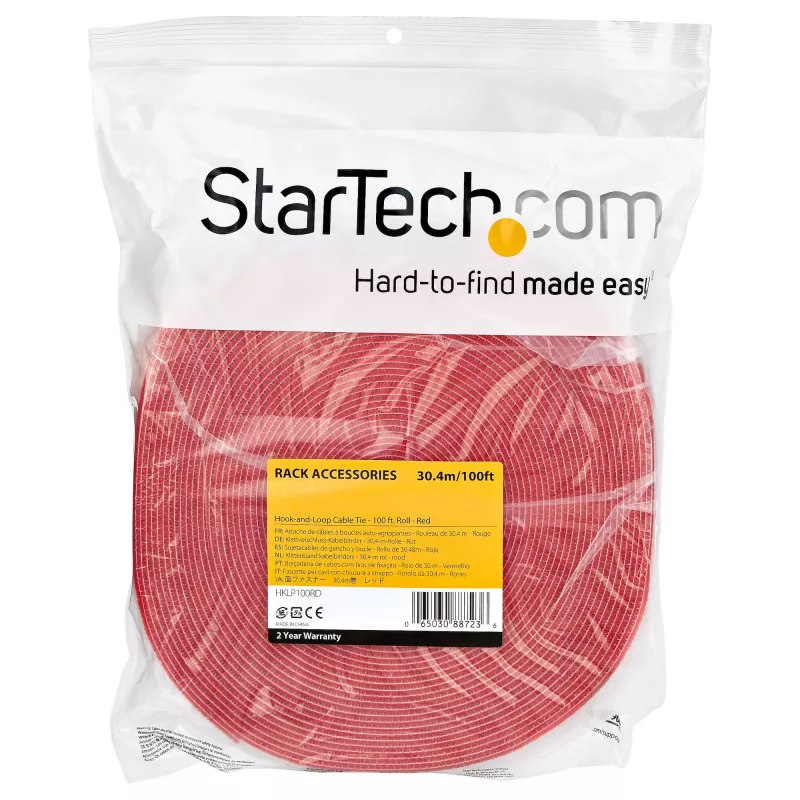 StarTech.com Rollo de cinta de velcro de 30,5 m – bridas recortables reutilizables – rollo industrial de cinta de fijación de cables / envolturas textiles ajustables rojo / bandas de gestión de cables autoadhesivas reutilizables