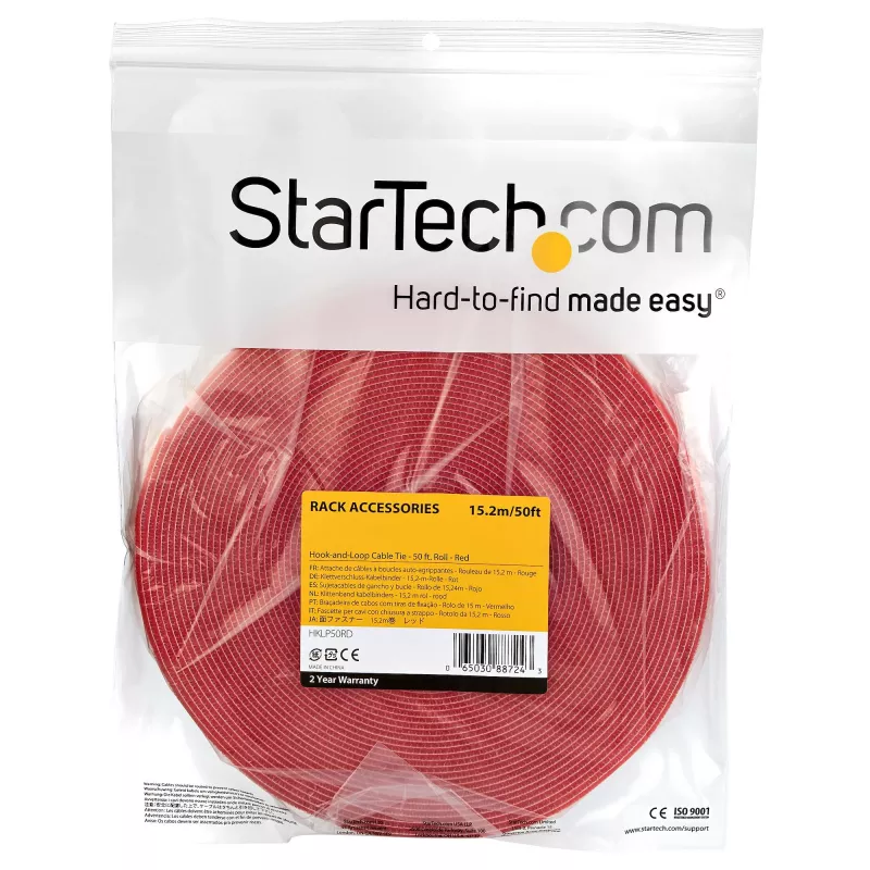 StarTech.com Rollo de cinta de velcro de 15,2 m – bridas recortables reutilizables – tira industrial de fijación de cables / bandas de tela ajustables Rojo / bandas de gestión de cables autoadhesivas