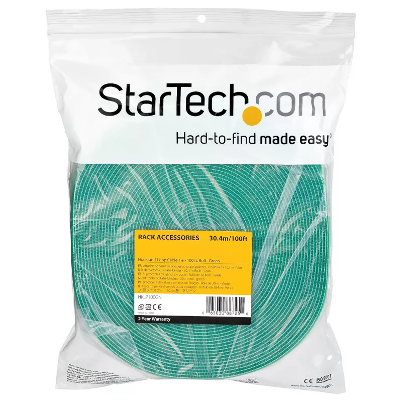 StarTech.com Rollo de cinta de velcro de 30,5 m – bridas recortables reutilizables – cinta industrial de fijación de cables / envolturas de tela ajustables verde / bandas de gestión de cables autoadhesivas reutilizables