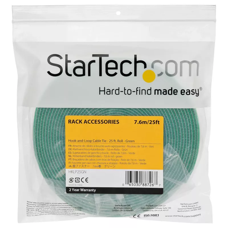StarTech.com rollo de cinta de velcro de 7,6 m - bridas reutilizables cortables - cinta industrial de fijación de cables en rollo / envoltura textil ajustable, verde / cintas de gestión de cables autoadhesivas reutilizables