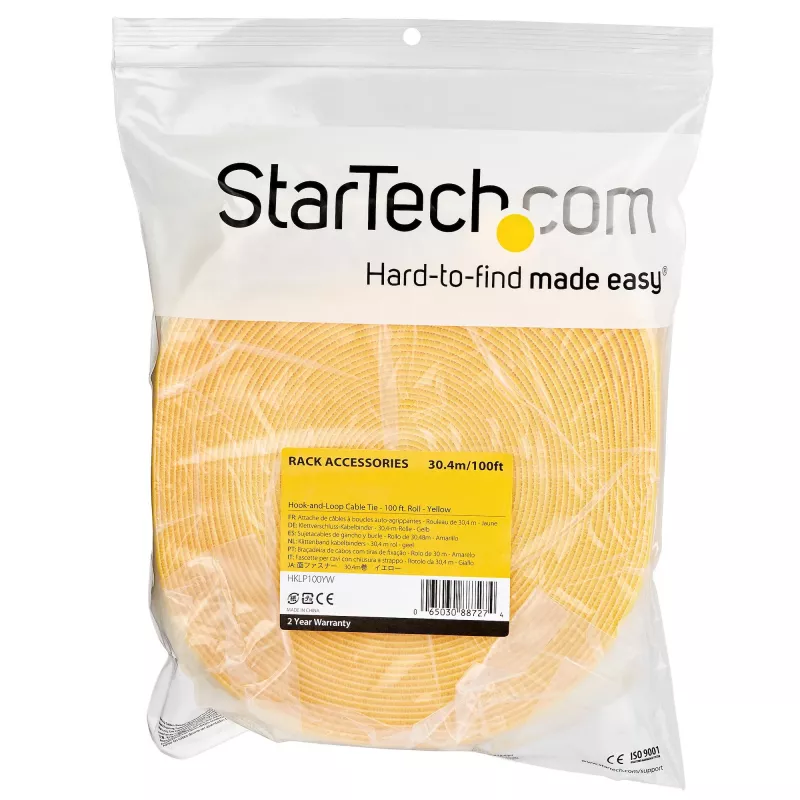 StarTech.com rollo de cinta de velcro de 30,5 m - bridas reutilizables cortables a medida - cinta industrial de fijación de cables por metros / cintas textiles ajustables amarillas / cintas de gestión de cables autoadhesivas reutilizables