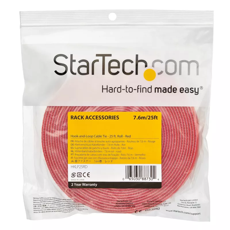 StarTech.com rollo de cinta de velcro de 7,6 m - bridas reutilizables cortables - cinta industrial de fijación de cables / envoltura textil ajustable roja / correas de gestión de cables autoadhesivas