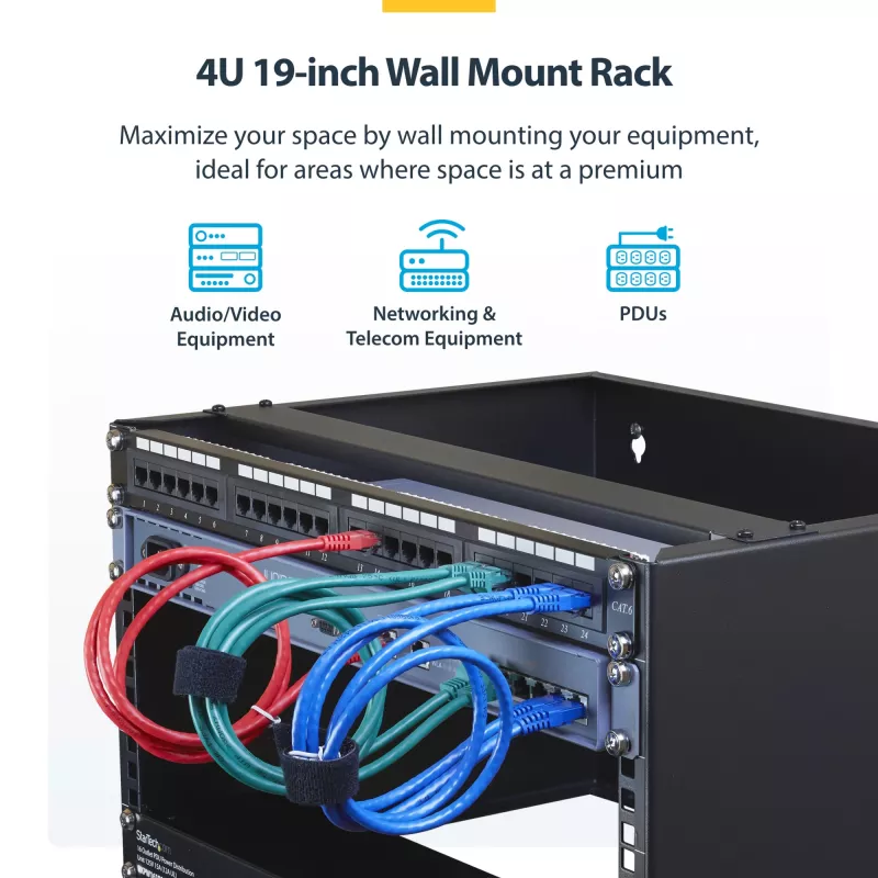 StarTech.com rack de red de pared 4U - 14 pulgadas de profundidad (perfil plano) - soporte para panel de parcheo de 19 pulgadas para servidores planos y equipos de IT, conmutadores de red - capacidad de carga 20 kg, negro