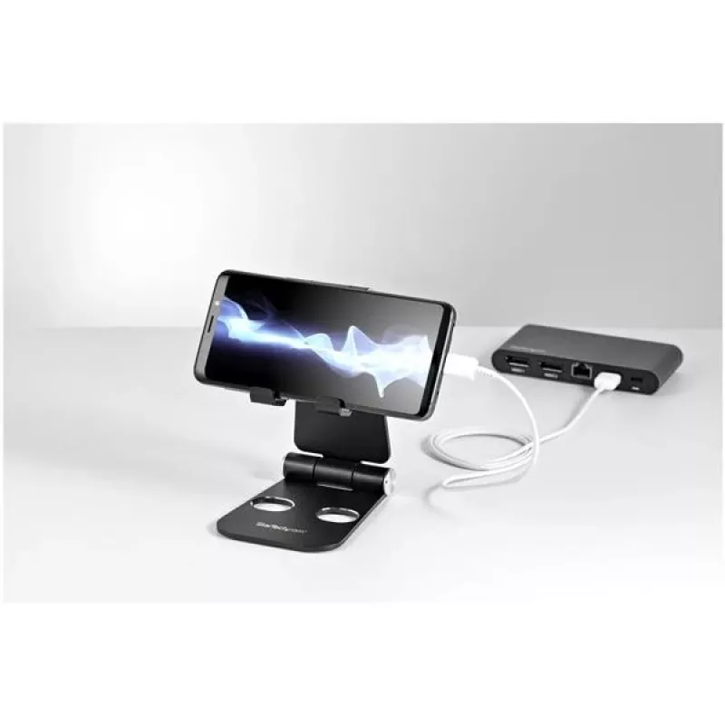 StarTech.com soporte para teléfono y tablet - soporte universal plegable para dispositivos móviles para smartphones y tablets - soporte ergonómico ajustable para móvil con múltiples ángulos para escritorio - portátil - negro