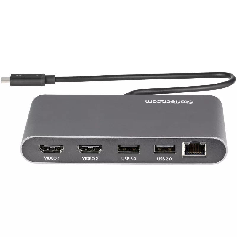 StarTech.com mini dock Thunderbolt para doble monitor, HDMI 4K 60Hz, hub sin controladores para Windows y Mac, Gigabit Ethernet, 1 x USB 5Gbps y 1x USB 2.0, cable de 28 cm