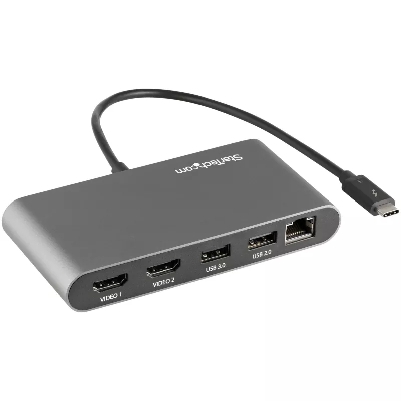StarTech.com mini dock Thunderbolt para doble monitor, HDMI 4K 60Hz, hub sin controladores para Windows y Mac, Gigabit Ethernet, 1 x USB 5Gbps y 1x USB 2.0, cable de 28 cm