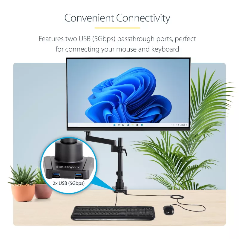 StarTech.com soporte de escritorio brazo de monitor con 2x conexiones USB 3.0, soporte de monitor individual totalmente articulado, hasta 34 pulgadas (17,6 lb/8 kg) pantalla VESA, montaje con abrazadera/ojal, resorte mecánico