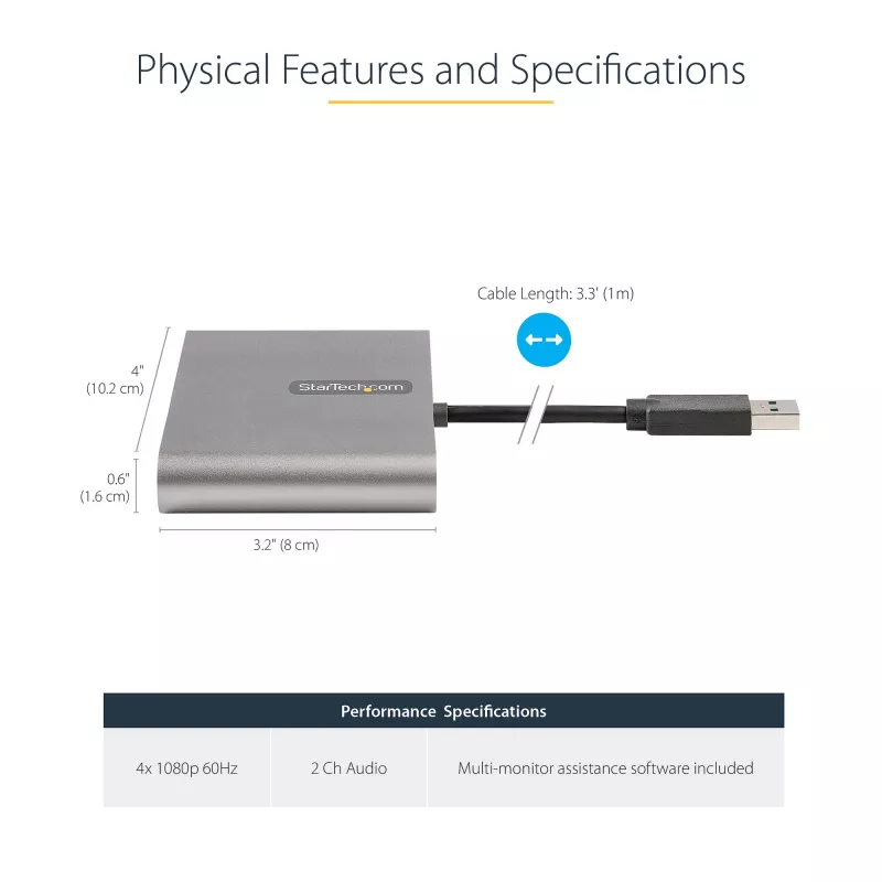 StarTech.com adaptador USB 3.0 a cuádruple HDMI, convertidor de monitor USB a 4x HDMI para Windows (sin soporte para macOS/ChromeOS/Linux) - TAA