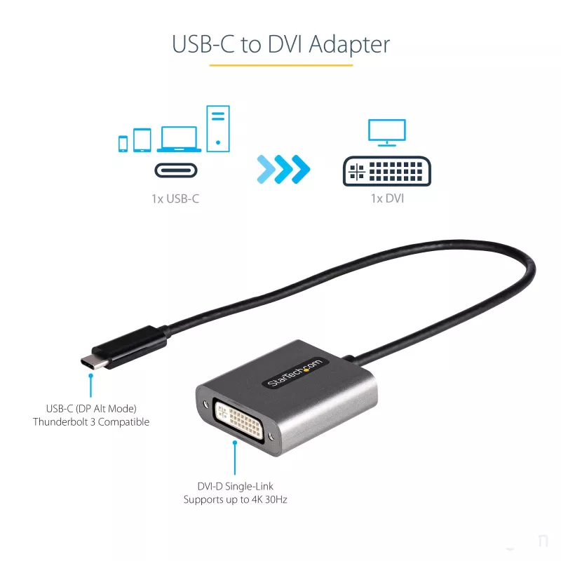 StarTech.com adaptador USB-C a DVI - adaptador dongle USB-C a DVI-D 1920x1200p - USB Type-C a pantalla/monitor DVI - convertidor de vídeo - compatible con Thunderbolt 3 - cable fijo de 12 pulgadas de largo - versión actualizada de CDP2DVI