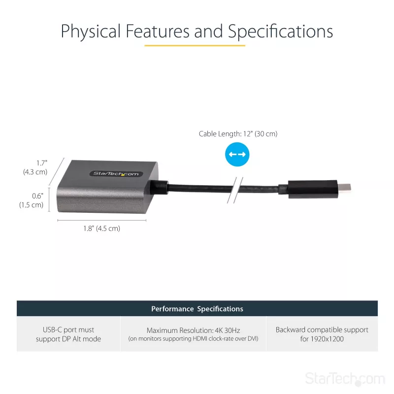 StarTech.com adaptador USB-C a DVI - adaptador dongle USB-C a DVI-D 1920x1200p - USB Type-C a pantalla/monitor DVI - convertidor de vídeo - compatible con Thunderbolt 3 - cable fijo de 12 pulgadas de largo - versión actualizada de CDP2DVI