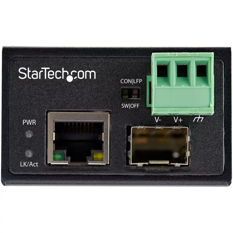 StarTech.com convertidor de medios industrial de fibra óptica a Ethernet - 100 Mbit/s SFP a RJ45/Cat6 - fibra óptica monomodo/multimodo a red de cobre - 12-56 V DC - IP-30 / -40 a +75 °C
