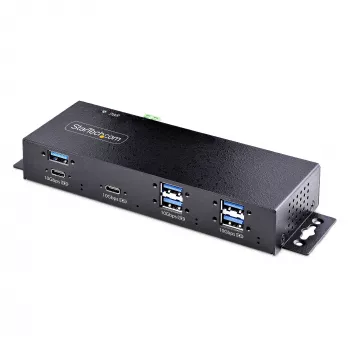 StarTech.com hub USB industrial de 7 puertos 10Gbps con fuente de alimentación, metal, montable, 5x puertos USB-A y 2x USB-C downstream, protección ESD, hub USB alimentado, TAA